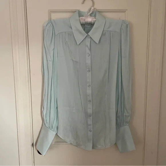 Trina Turk Puff Sleeve Silk Blend Blouse, Blue Frost, Small - Picture 1 of 9